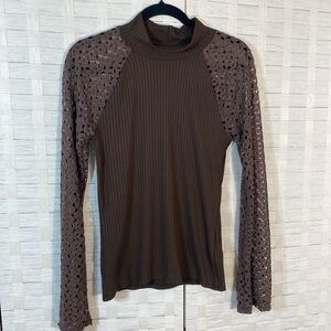 Earthbound Brown Ribbed Mock Turtleneck Mesh/Lace Lightweight Long Sleeve Size M